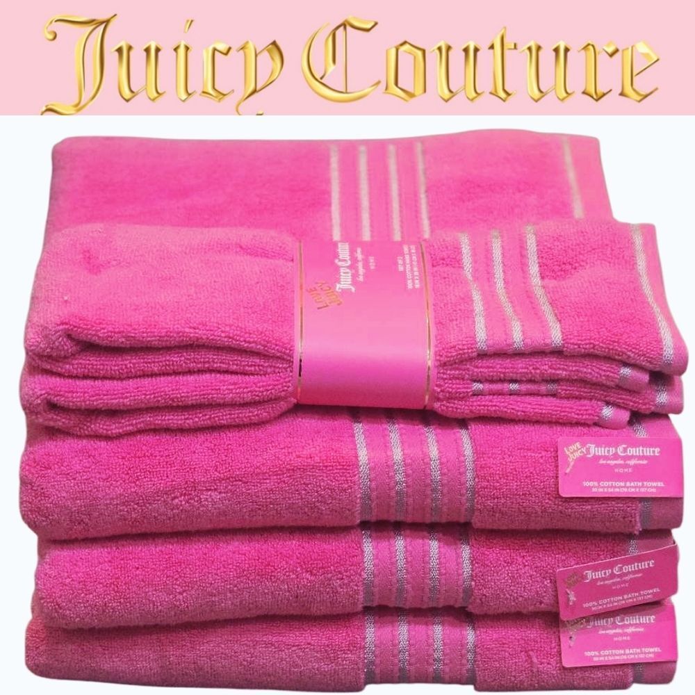 Juicy Couture Home Silver Striped Bath & Hand Towel Set- Pink/Silver